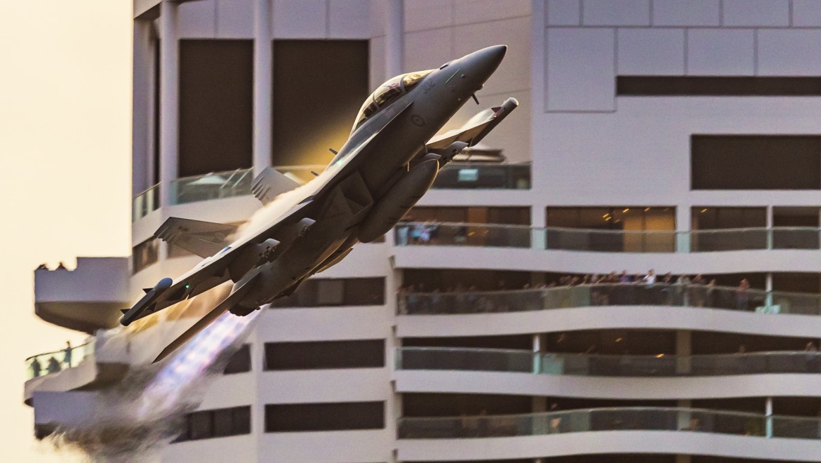 RAAF Boeing EA-18 Growler Reg. A46-302 crossing in front of Riperian Plaza while performing for Brisbane Festival Riverfire Brisbane Australia, 29 September 2018.