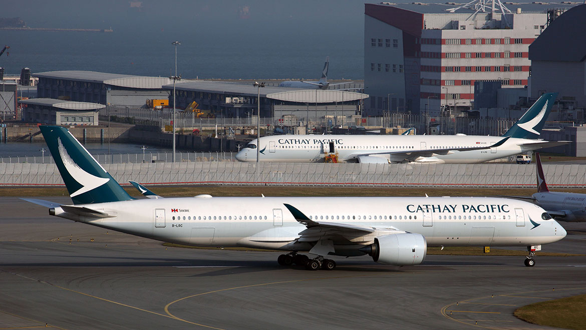 A file image of a Cathay Pacific Airbus A350-900 at Hong Kong airport. (Rob Finlayson)