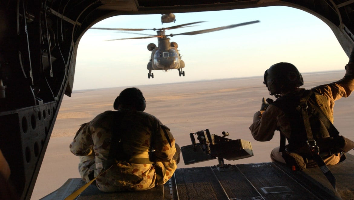 JPAU22APR03JC27 OPERATION FALCONER Pic By: JNCCaption:Australian Army soldiers from theTownsville-based 5th Aviation Regiment provide the Coalition Forces in the Middle Eastern Area of Operation (MEAO) with a medium lift capability as they transport troops and equipment. The Chinook (CH47) has the capacity to lift up to 11.7 Tons, carrying internal and/or external loads, or 30 combat troops. Over time, the Chinook has consistently proven to be a reliable and capable aircraft having been used in conflicts such as the Falklands and the Gulf war and now Operation Falconer.The CH 47 aircraft has proven itself working with the Australian Armys 3rd Brigade in providing essential support to deployed elements as is commonly referred to as the work-horse of the Armys helicopter regiment. While the Chinook helicopter has been in service since the Vietnam Conflict, this variant remains one of the latest additions to the Australian Armys aviation capability.